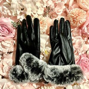 Touchscreen Black PU Leather Gloves with Soft Gray Faux Fur Trim